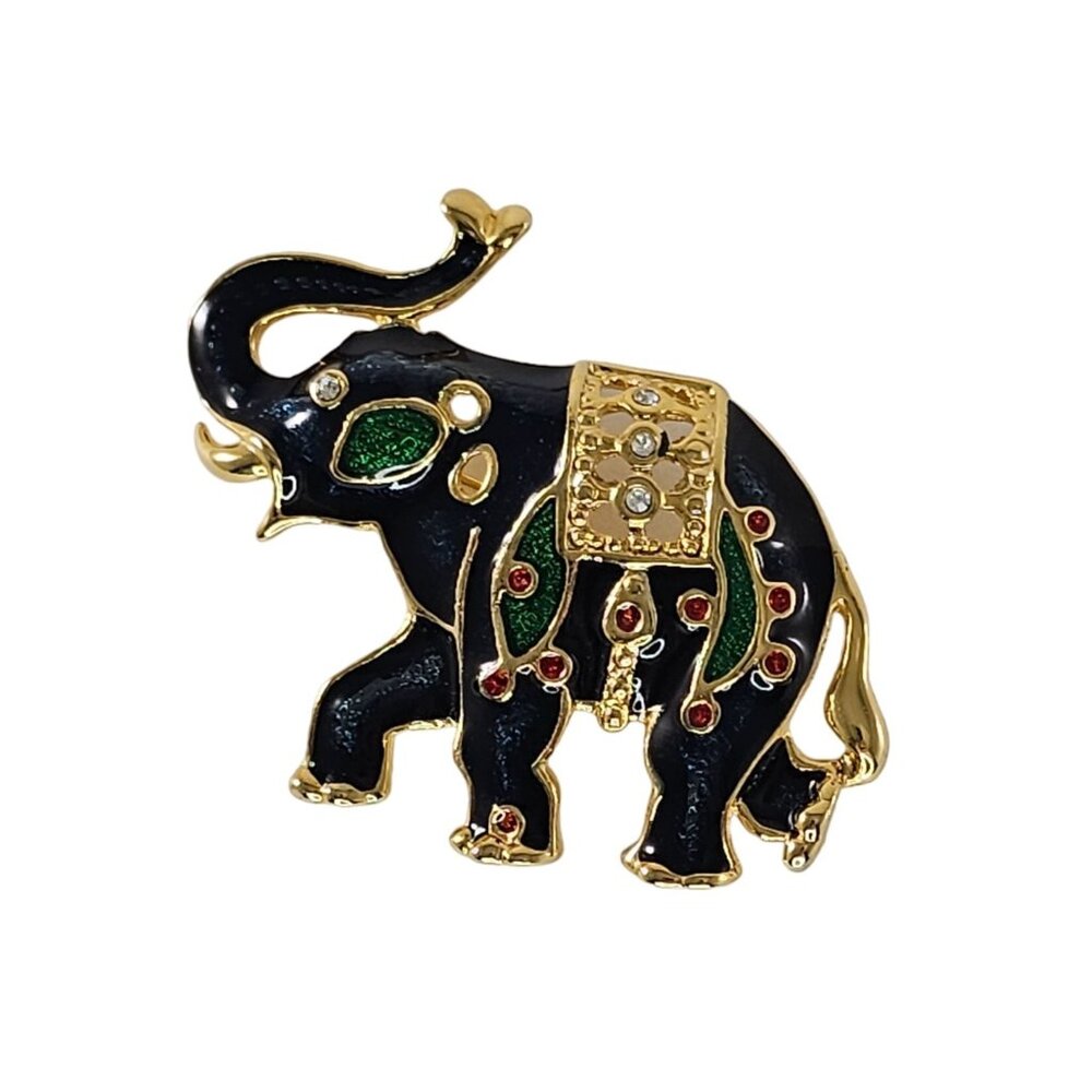 Vintage Gold-Tone Enamel Elephant Brooch Pin With Rhinestones & Red Accents
